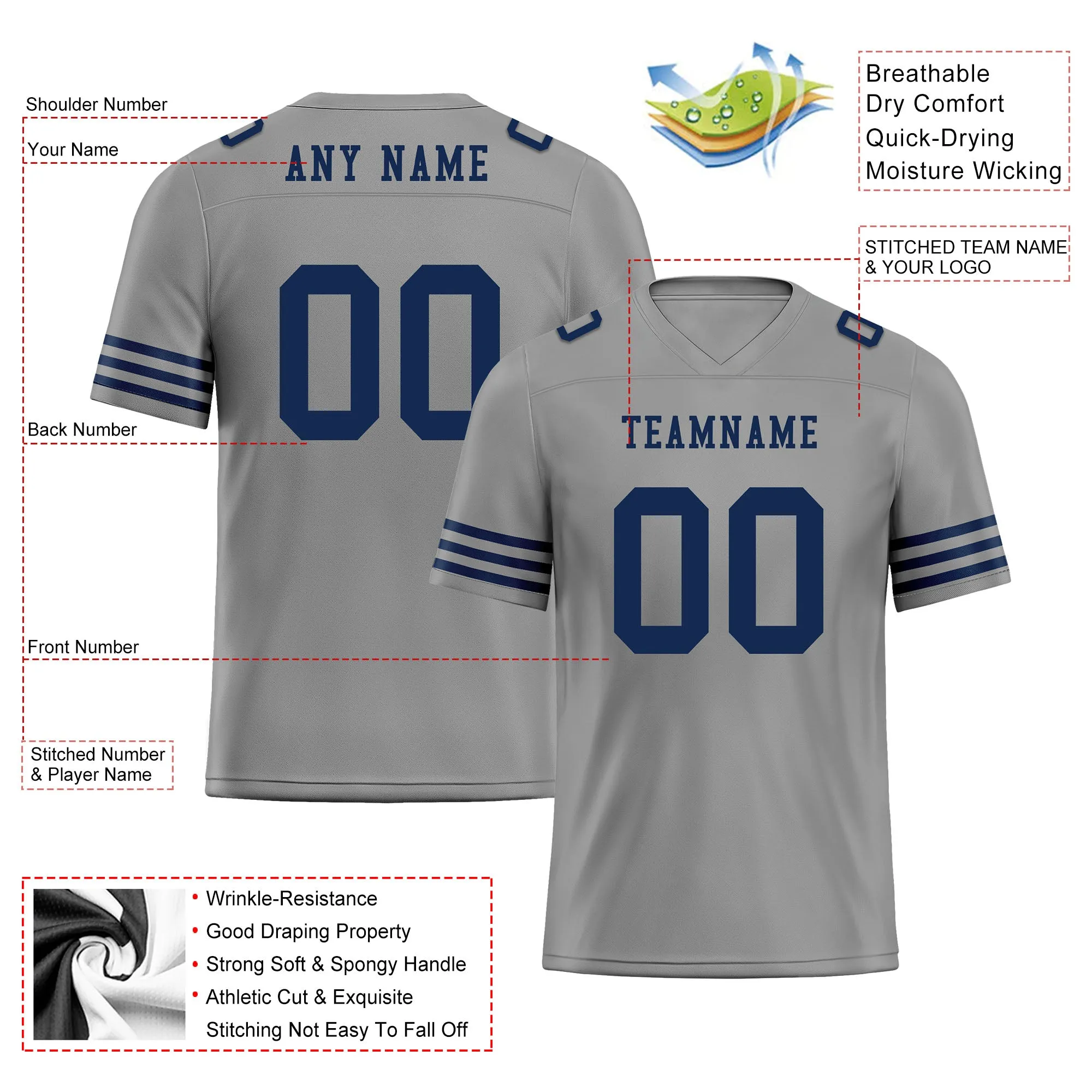 Custom Gray Blue Striped Sleeves Personalized Authentic Football Jersey FBJ02-D06033
