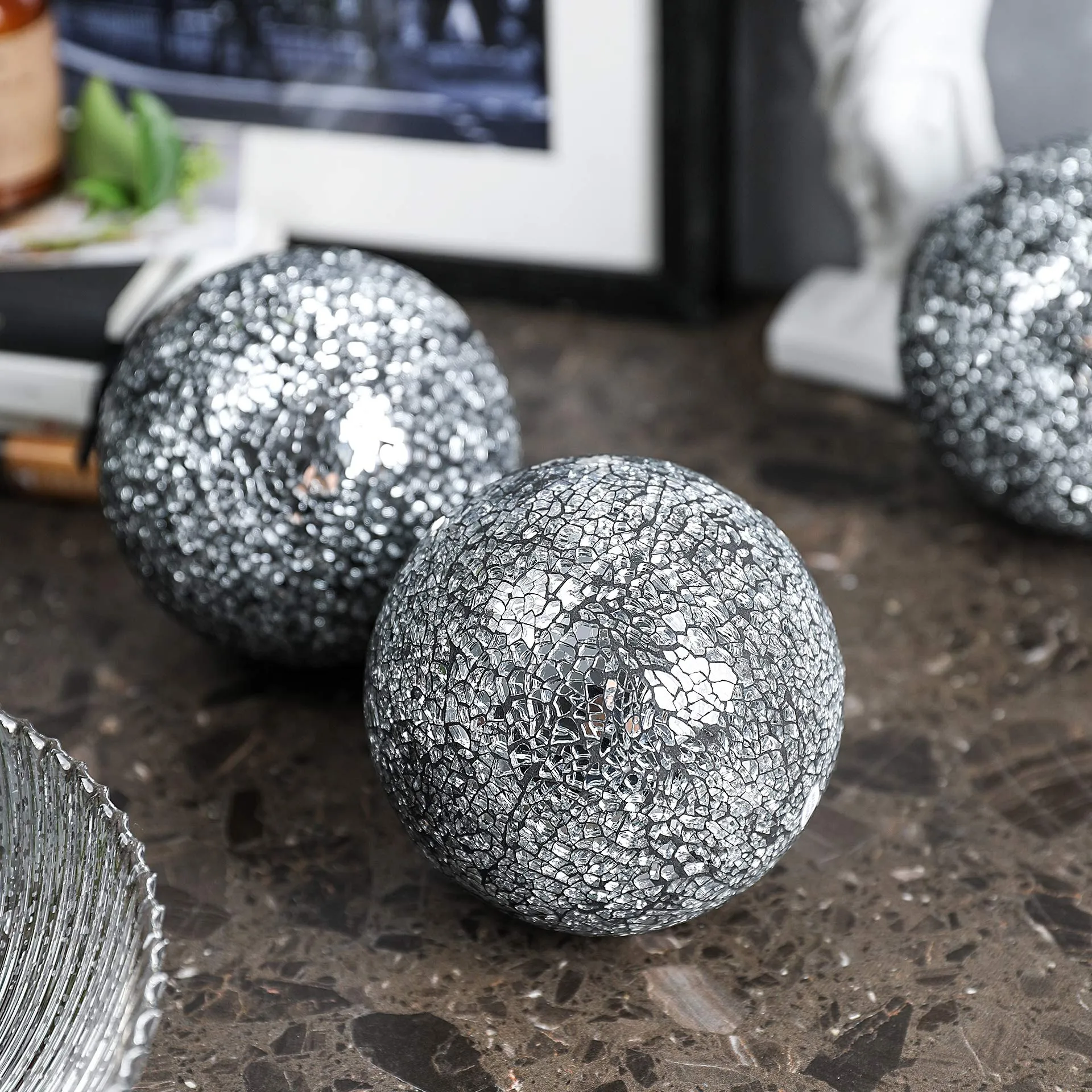 Decorative Balls Set of 3 Glass Mosaic Sphere Dia 5" (Gold