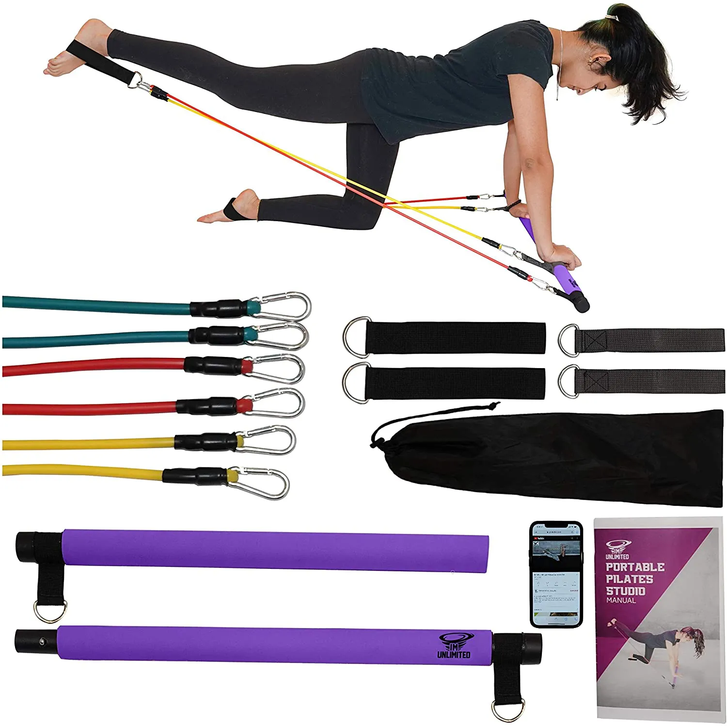 IM UNLIMITED Pilates Bar Kit with Resistance Bands and Workout Video Portable, Exercise Equipment, Home Gym Strength Full Body Fitness Stick,Squat Yoga Muscle Toning Bar