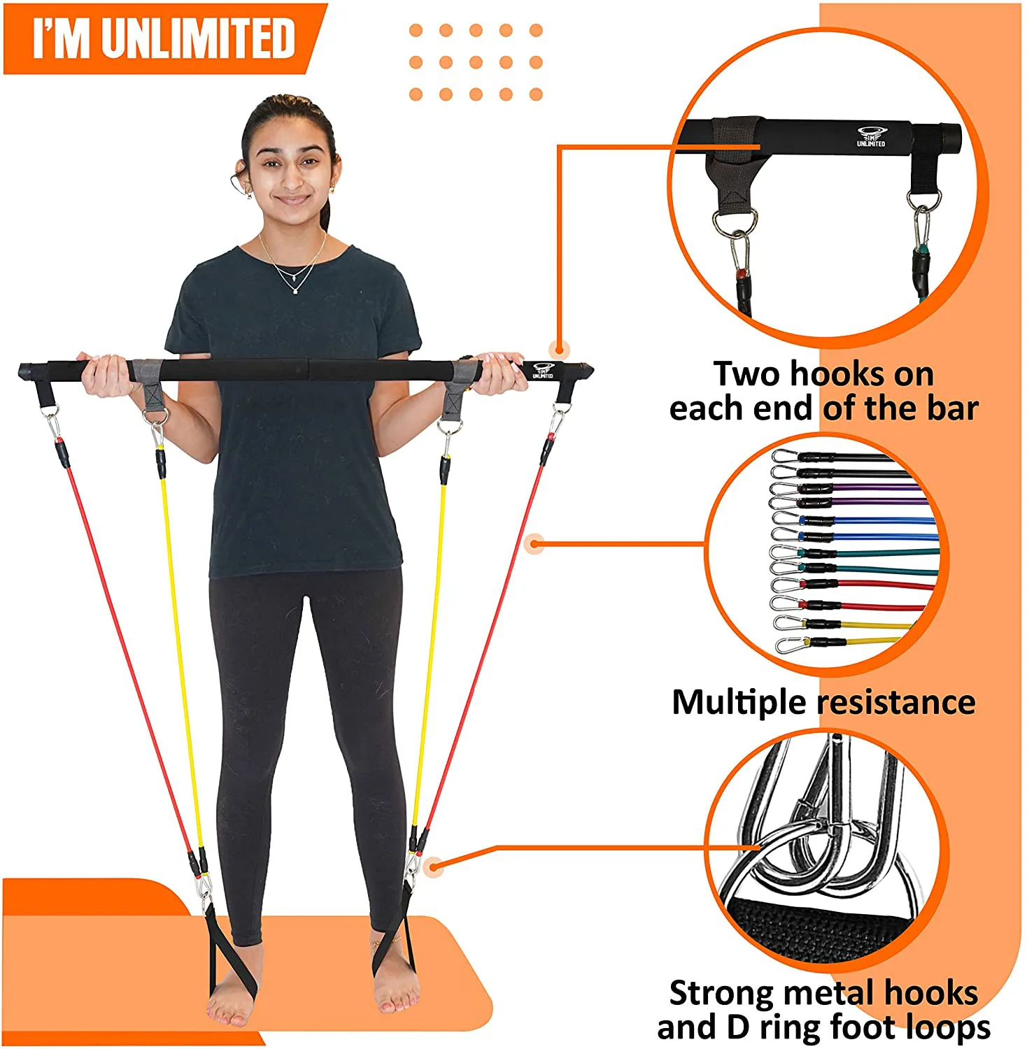 IM UNLIMITED Pilates Bar Kit with Resistance Bands and Workout Video Portable, Exercise Equipment, Home Gym Strength Full Body Fitness Stick,Squat Yoga Muscle Toning Bar