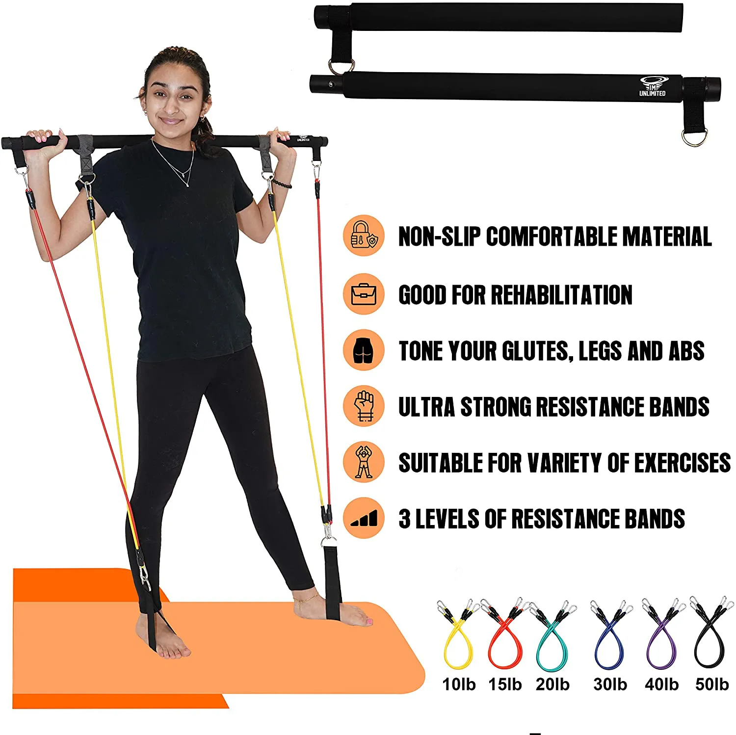 IM UNLIMITED Pilates Bar Kit with Resistance Bands and Workout Video Portable, Exercise Equipment, Home Gym Strength Full Body Fitness Stick,Squat Yoga Muscle Toning Bar