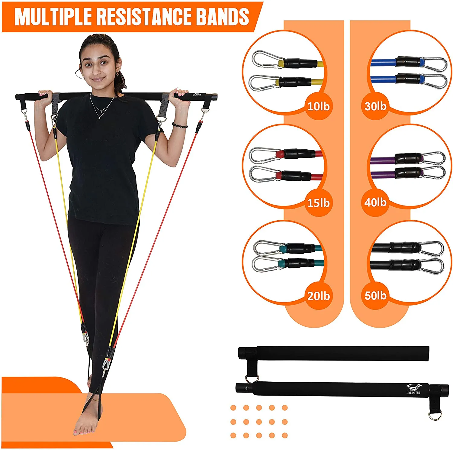 IM UNLIMITED Pilates Bar Kit with Resistance Bands and Workout Video Portable, Exercise Equipment, Home Gym Strength Full Body Fitness Stick,Squat Yoga Muscle Toning Bar