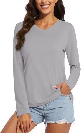 MAGCOMSEN SPF Shirts for Women Long Sleeve Workout Tops V-Neck UPF 50  UV Sun Shirt Quick Dry Performance Tees Swim Tops