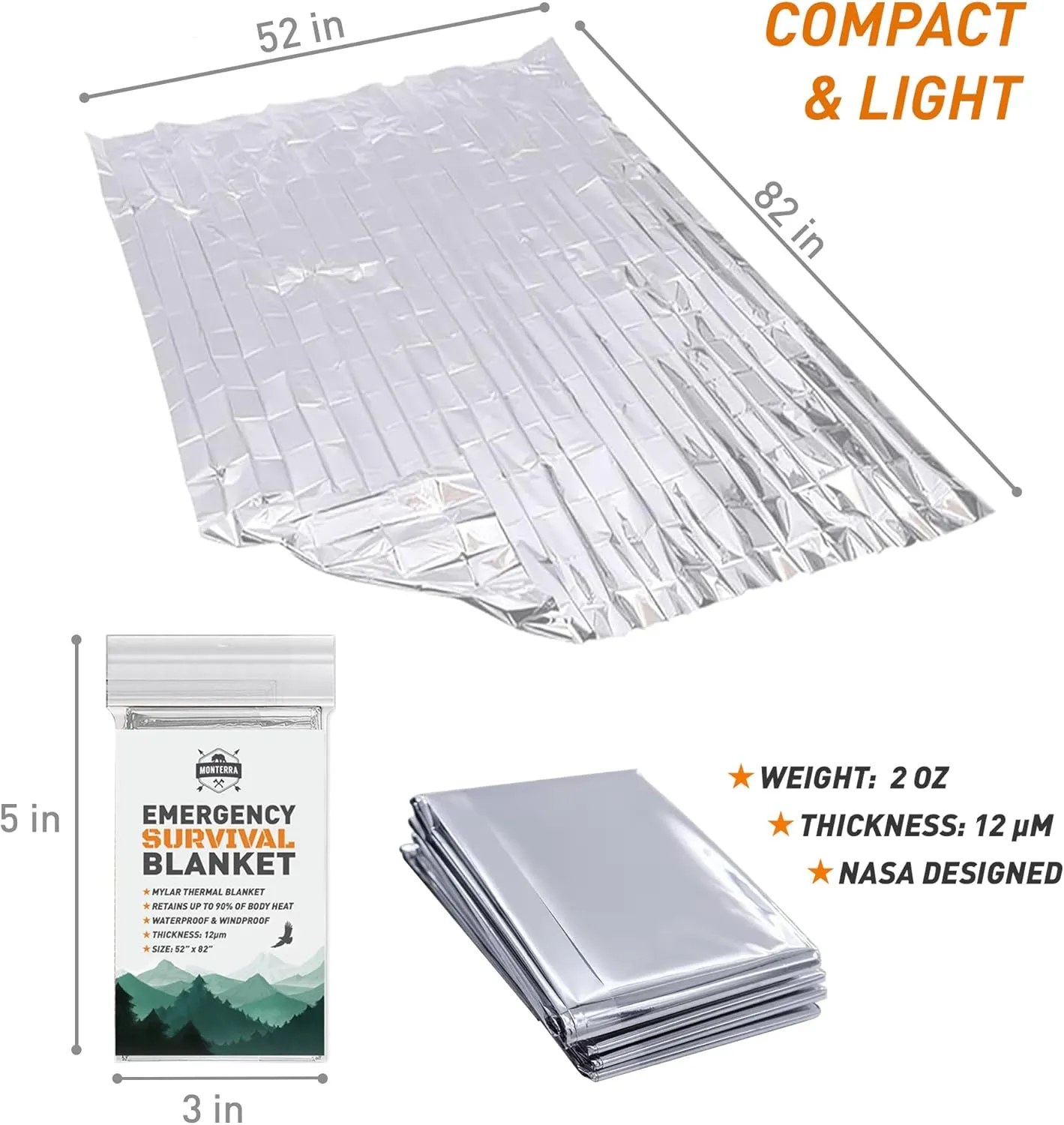 Monterra Emergency Blankets for Survival, 4 Pack, Mylar Foil Blankets, Thermal Space Blanket, Car Supplies, Camping Accessories, Hiking, Outdoor Gear and Equipment, Bug Out Bag.