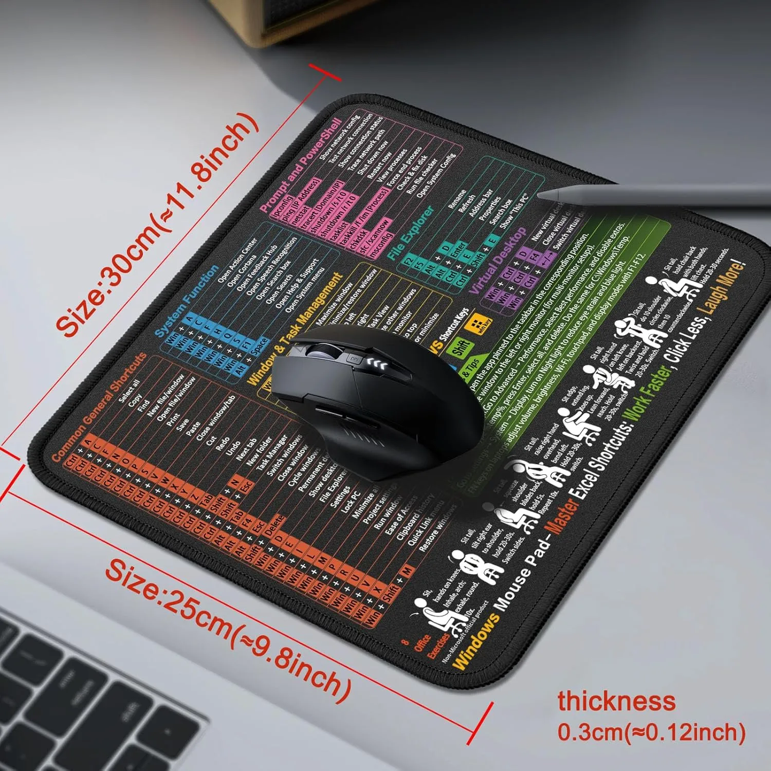 Mouse Pad for Windows Shortcuts  Small Window Cheat Sheet Desk Pad  11.8"x9.8" Portable Computer Mousepad  Gaming, Office, Waterproof, Non-Slip, Stitched Edges