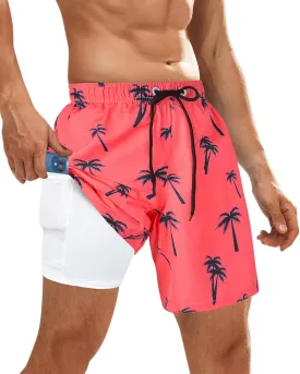 OlyPegic Men's Swim Trunks with Compression Liner Board Beach Shorts Quick Dry Swim Shorts Bathing Suits with Zipper Pock