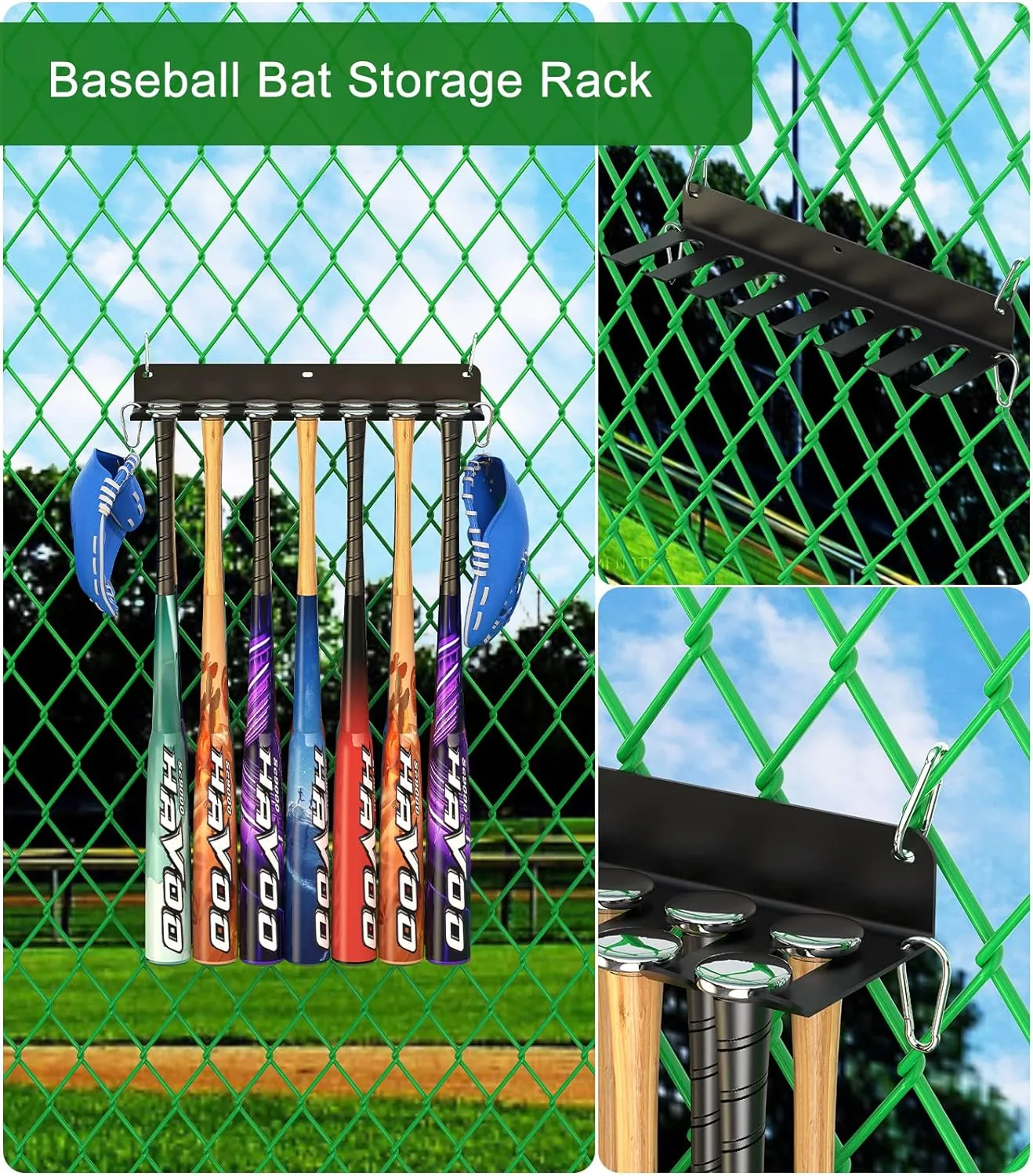 QBA Wall Mount Baseball Bat Holder, 8 Prongs Heavy Duty Metal Bat Rack, Holds 14 Bats, Bats Organizer for Dugout Fence Home Garage, Black