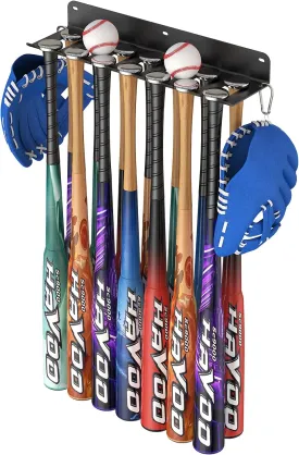 QBA Wall Mount Baseball Bat Holder, 8 Prongs Heavy Duty Metal Bat Rack, Holds 14 Bats, Bats Organizer for Dugout Fence Home Garage, Black