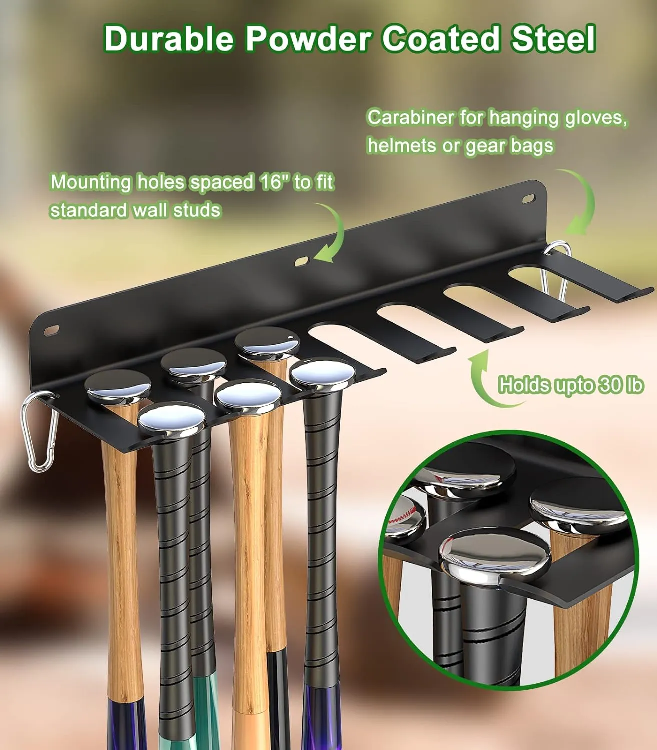 QBA Wall Mount Baseball Bat Holder, 8 Prongs Heavy Duty Metal Bat Rack, Holds 14 Bats, Bats Organizer for Dugout Fence Home Garage, Black